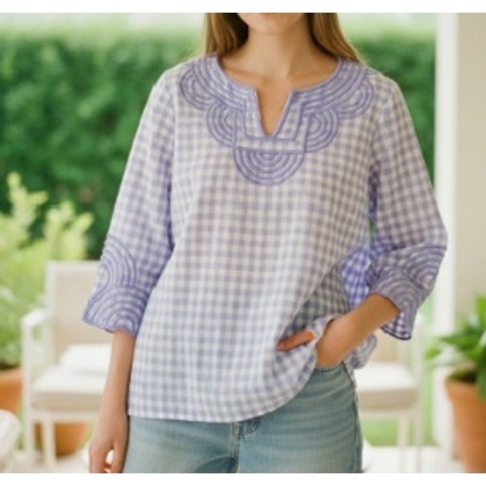 Talbots Gingham Blouse Womens L Lavender White Embroidered Split Neck 3/4 Sleeve